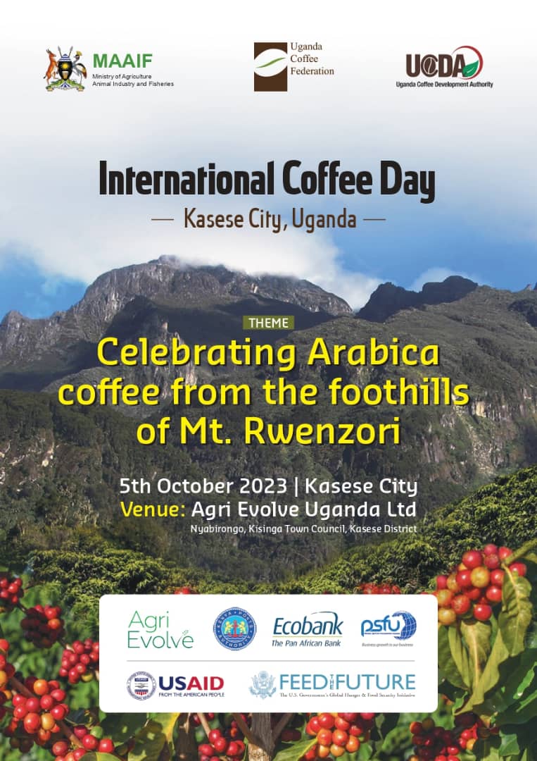 SAVE THE DATE: Kasese City is hosting the 2023 International Coffee Day Celebrations. Date: 5th October, 2023 Venue: Agri Evolve Uganda Ltd Join us in celebrating the world-renowned Arabica coffee grown in the foothills of Mt. Rwenzori. #UGCoffeeLovers♥️