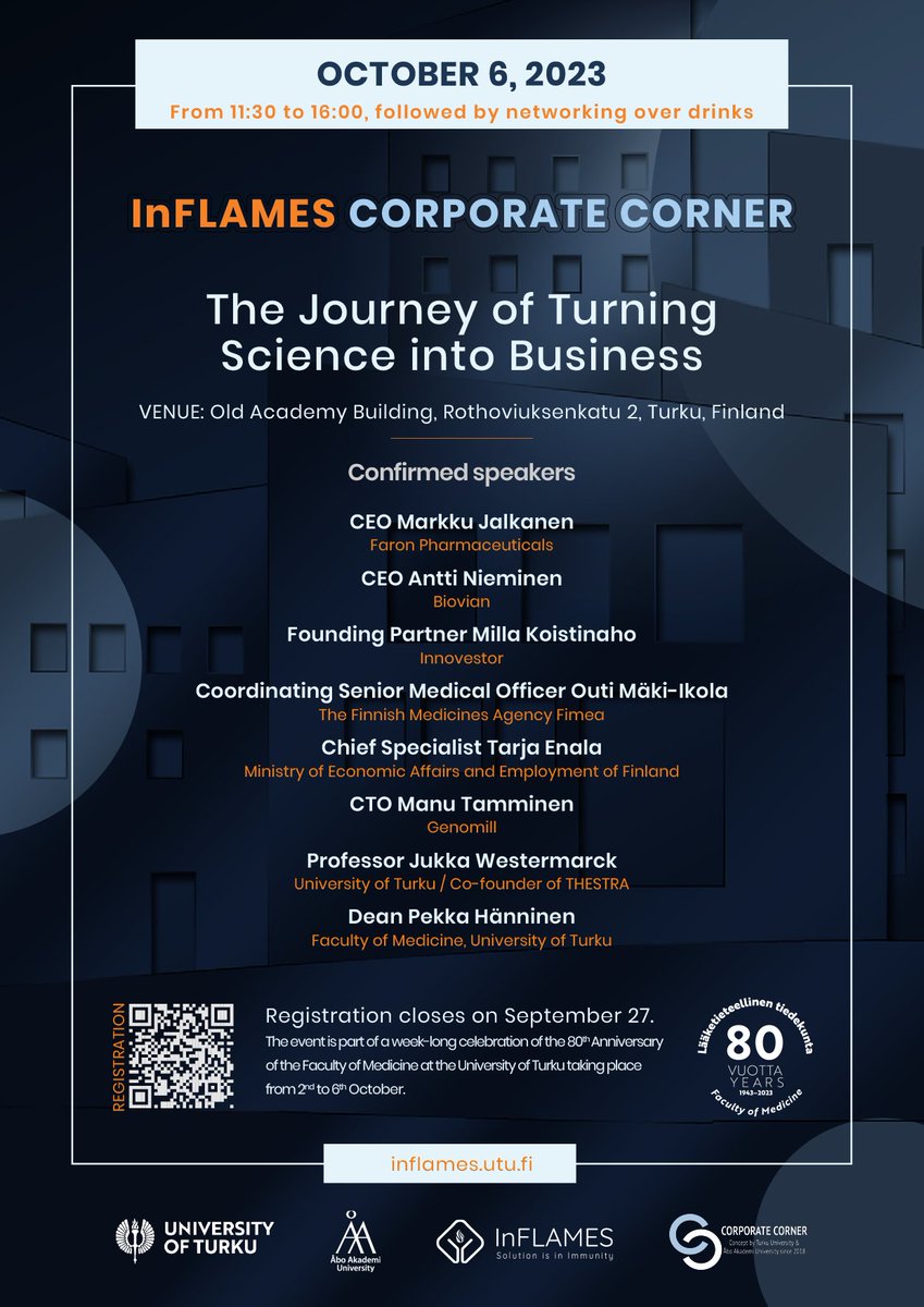 InFLAMES Flagship (@inflames_health) on Twitter photo InFLAMES Corporate Corner on Oct 6!
Learn how scientists recognize opportunities to transform research into healthcare solutions and life-saving treatments.
Read the programme: bit.ly/3rdjqrj
Register by Sep 27!
<a href="/UniTurku/">Turun yliopisto - University of Turku</a>
<a href="/AboAkademi/">Åbo Akademi University</a>
<a href="/BioCityTurku/">BioCity Turku</a>
<a href="/healthcampustku/">HealthCampusTurku</a> InFLAMES Corporate Corner on Oct 6!
Learn how scientists recognize opportunities to transform research into healthcare solutions and life-saving treatments.
Read the programme: bit.ly/3rdjqrj
Register by Sep 27!
<a href="/UniTurku/">Turun yliopisto - University of Turku</a>
<a href="/AboAkademi/">Åbo Akademi University</a>
<a href="/BioCityTurku/">BioCity Turku</a>
<a href="/healthcampustku/">HealthCampusTurku</a>