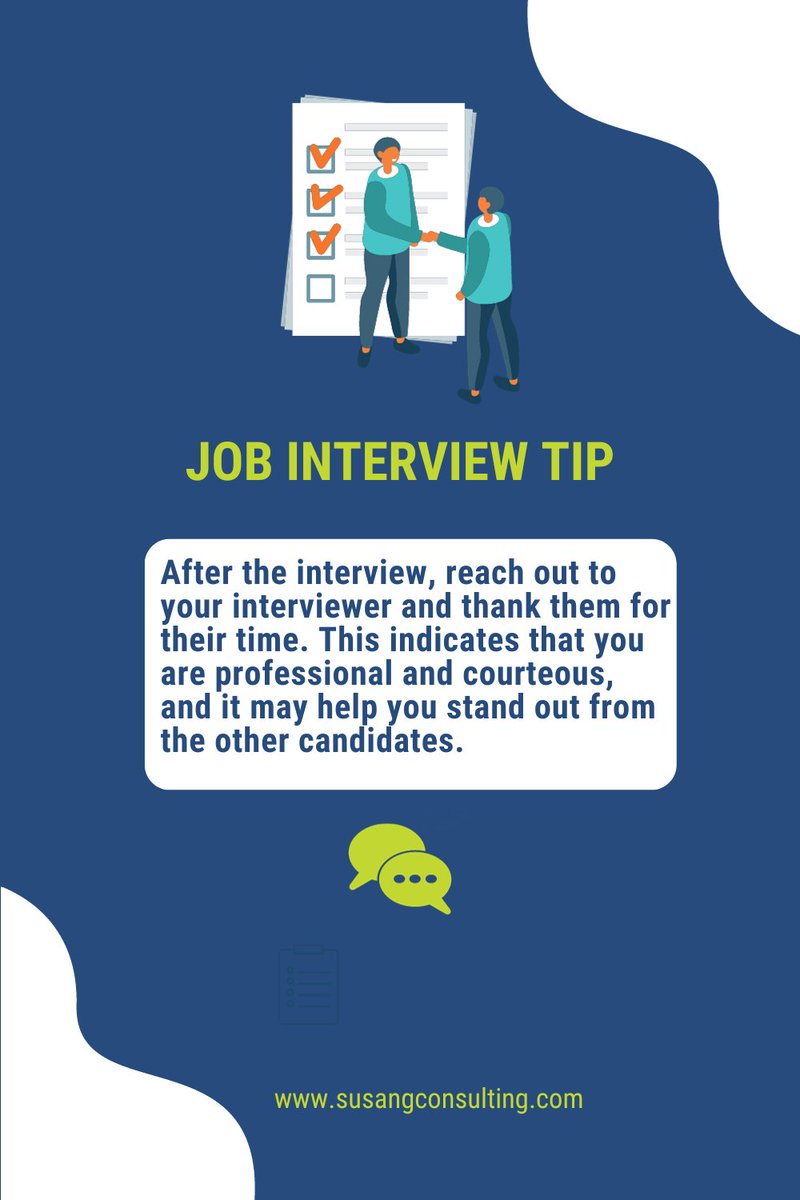 #InterviewTipsSeries Post-interview follow up can be just as critical to a hiring manager's decision as the interview itself. Use this tip to stand out from other candidates!

#jobinterviewtips #jobinterviewprep #SGC #SusanGrahamConsulting