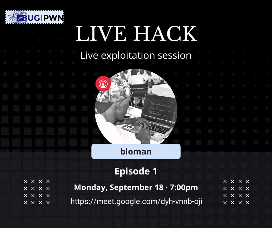 bug_pwn's tweet image. LiveHack
Monday, September 18 · 7:00pm
Time zone: Africa/Lagos
Hacker: @bloman19
Video call link: meet.google.com/dyh-vnnb-oji

#hacking #livehack #bugpwn