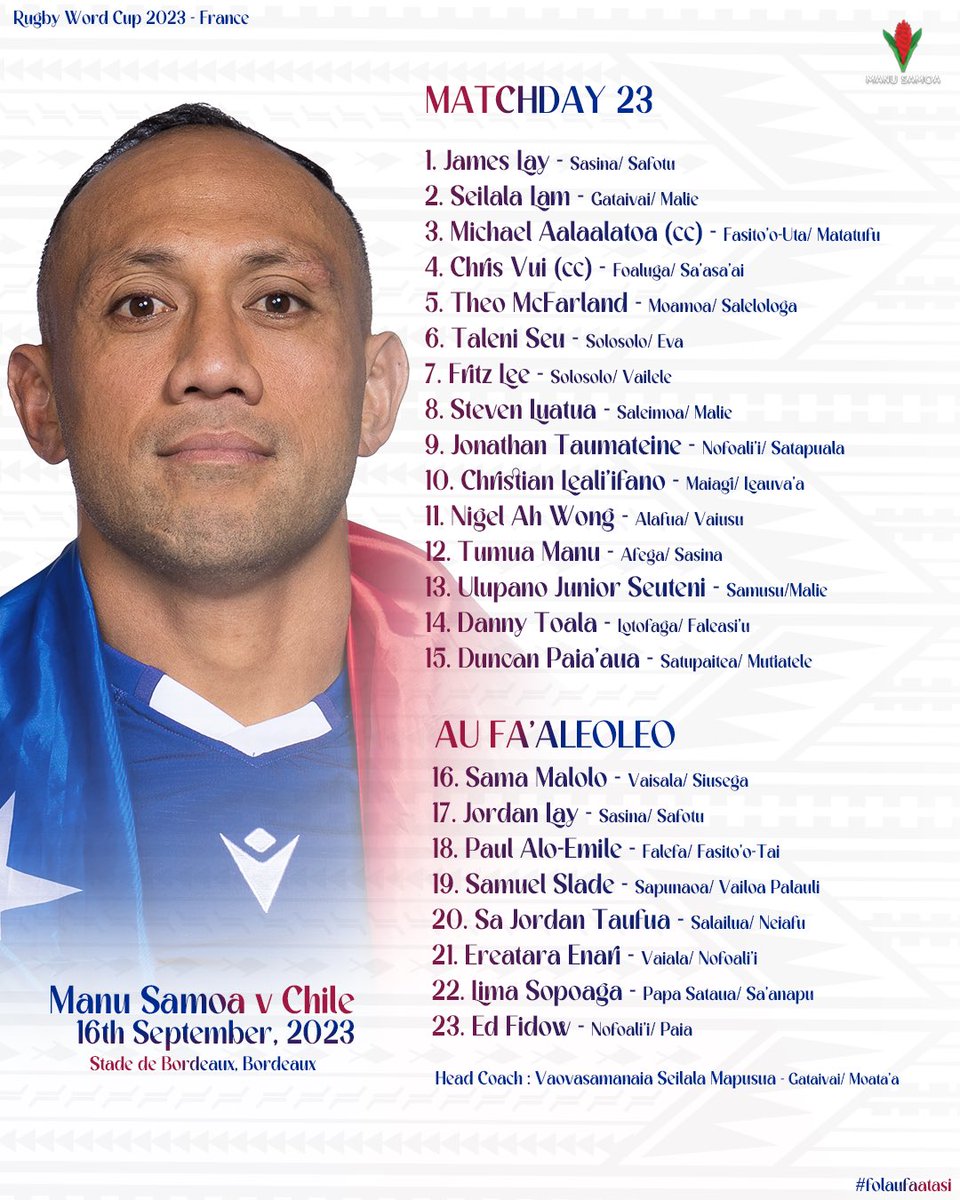 🇼🇸🇼🇸🇼🇸 Ready kama . . Your 23 for our opener Saturday 16th in Bordeaux The people's team🙏🏽 #folaufaatasi #manusamoa