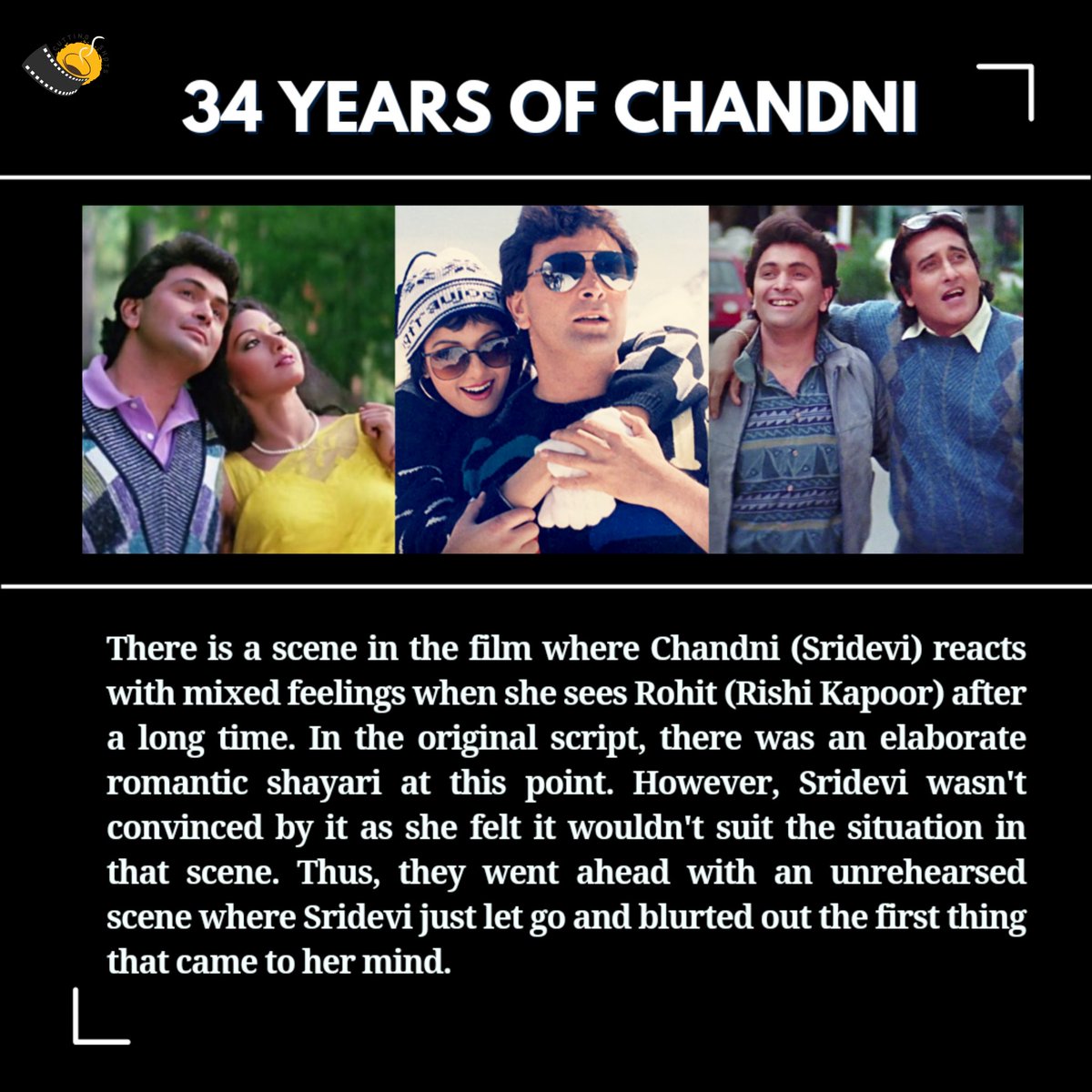 Time flies & how! Yash Chopra's timeless classic 'Chandni' starring Rishi Kapoor, Sridevi and Vinod Khanna clocks 34 years today and so, here's a tiny trivia about the film for you.

#34yearsofchandni #chandni #sridevi #rishikapoor #vinodkhanna #yashchopra #cuttingshots