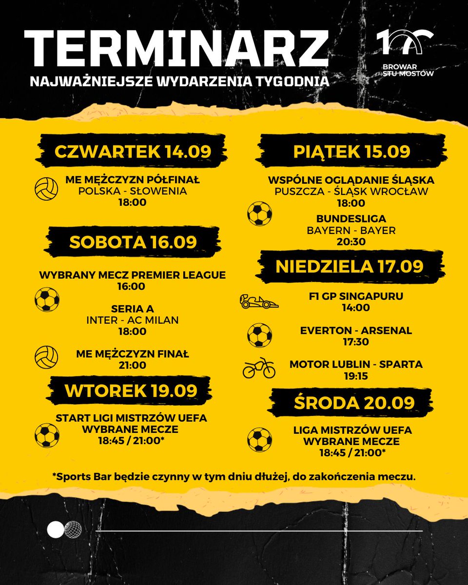 Terminarz najważniejszych wydarzeń sportowych dostępnych w Sports Barze Browaru Stu Mostów w nadchodzącym tygodniu! Zapraszamy!