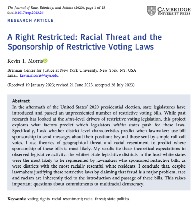 Excited to share a new #OpenAccess article at @JournalREP! This is an academic version of some @BrennanCenter research we published last summer... 🧵 cambridge.org/core/journals/…