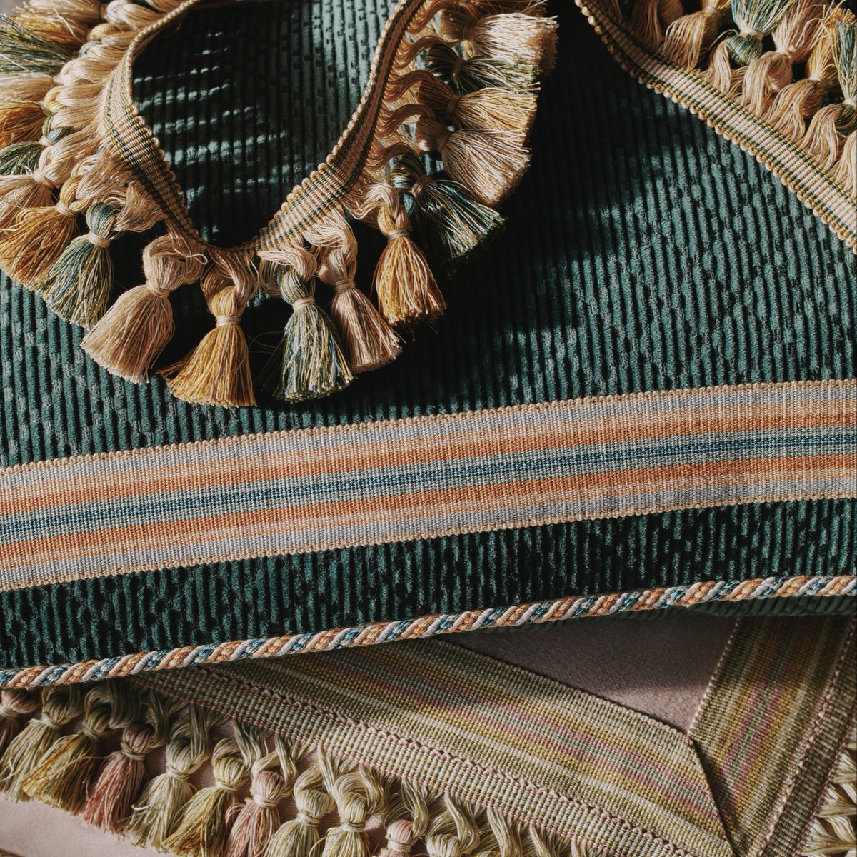 NEW • Entirely handmade in England, our Trimmings Collection includes tassel fringe, cut ruche, flanged cords &amp; braids, in mercerised cotton &amp; wool. A bespoke service is also available, offering custom-colouring &amp; sizing to order.