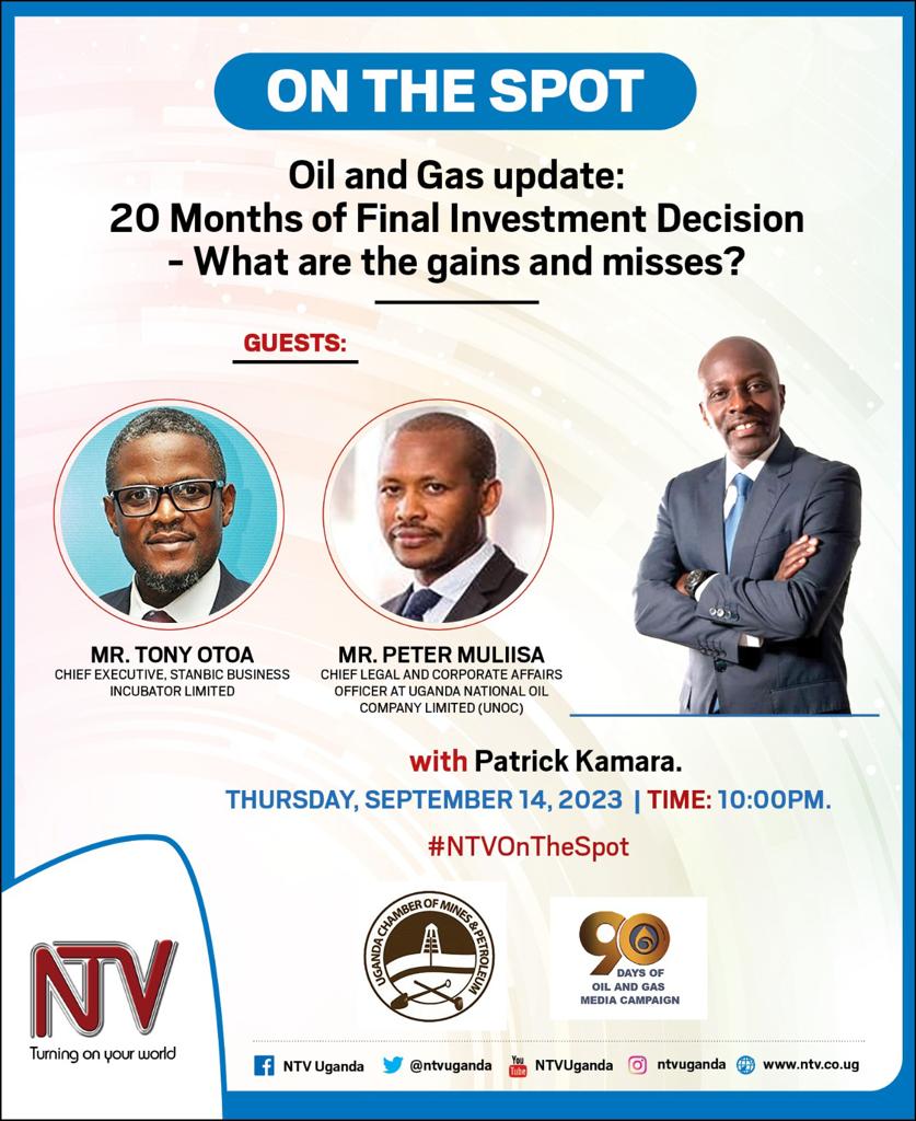 Don't miss out tonight's — On The Spot @ntvuganda talk show at 10PM with Patrick Kamara.

Get updated on what's happening in the Oil and Gas sector in Uganda.
#NTVOnTheSpot
@UgandaChamber