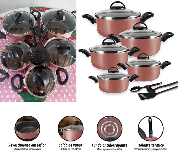 Jogo de Caçarolas 05 Peças Rosé com Tampa de Vidro e Utensílios