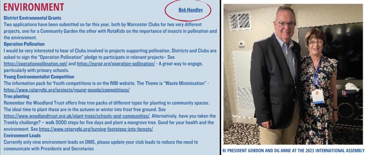 GoESRAG's tweet image. Bob Handley, D1100 Environmental Officer, &amp;amp; team successfully encouraged their Clubs to submit #grants and stand up for  insect 🐝s #OperationPollination. #waste #minimisation #trees 🌳

w/ @WoodlandTrust 

Do your Districts and Clubs have Environmental Leads?