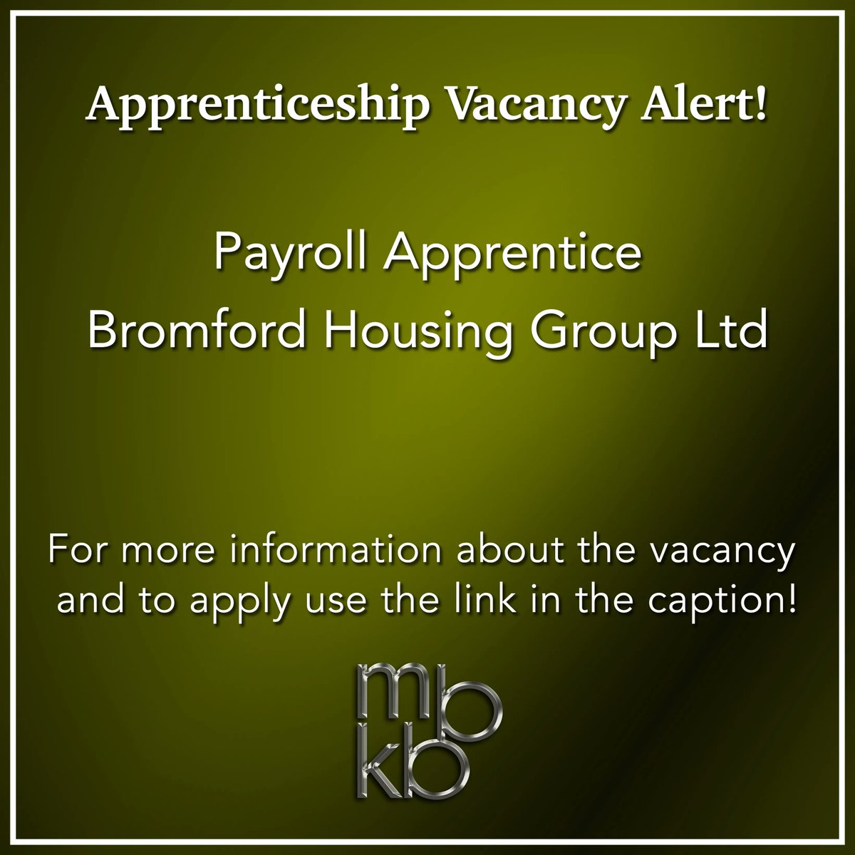 Bromford Housing Group Ltd have a fantastic vacancy for a Payroll Apprentice!

To apply use this link - buff.ly/3rRiUL8

#MBKB #MBKBTraining #OfstedOutstandingTrainingProvider #ApprenticeshipVacancies #ExcitingOpportunity #PayrollApprentice #BromfordHousingGroupLtd