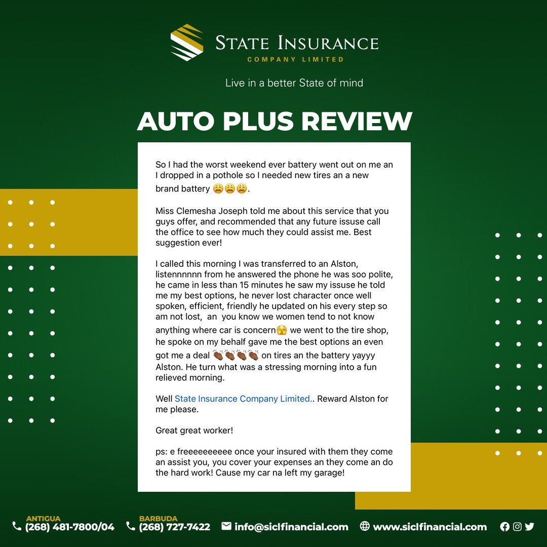 stateInsurancec's tweet image. We love hearing from you, our valued customers. 😁  Here’s what the insured are saying about our Auto Plus Roadside Assistance Service. 🚗💨

#CustomerReview #MotorInsurance #AutoPlus #InsuranceMatters #LiveInABetterStateOfMind #StateInsuranceCompanyLimited #SIC #AntiguaBarbuda