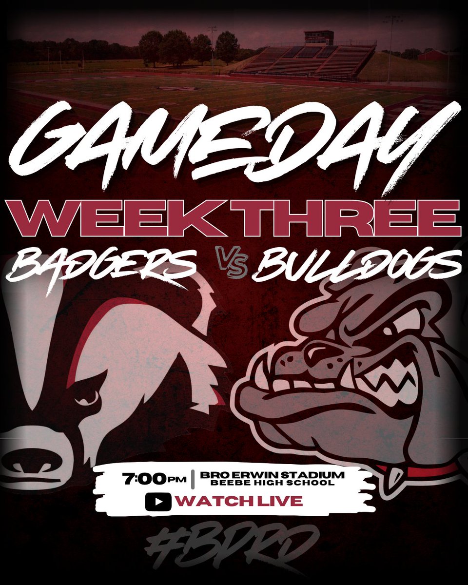 beebehighschool's tweet photo. Tonight, @beebefootball returns home and welcomes White Hall inside Bro Erwin Stadium for 5A Central Conference Action! 

🏈 vs. White Hall Bulldogs
⏰ 7:00pm Kickoff 
📍 Wooten Field at A.S. Bro Erwin Stadium
🎥 https://t.co/izlxMoemdW

GO BADGERS! #bprd #GameDay https://t.co/wUpLQO8mwr