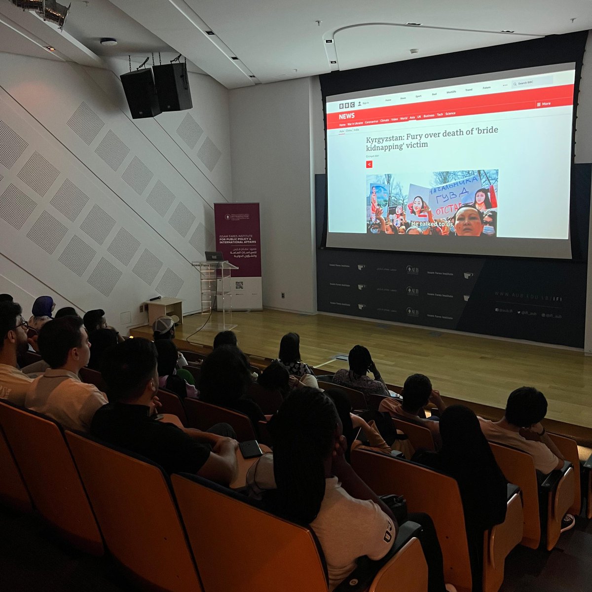 CCE_AUB's tweet photo. A full house of @AUB_Lebanon students attended the screening of "Who Is Next?", a true crime documentary on #bridekidnapping in Kyrgyzstan. This was followed by discussions and reflections with film director and guest partner from @MyAUCA & @opensocietyuniv Nurzhamal Karamoldoeva https://t.co/M5RaeL4FIo