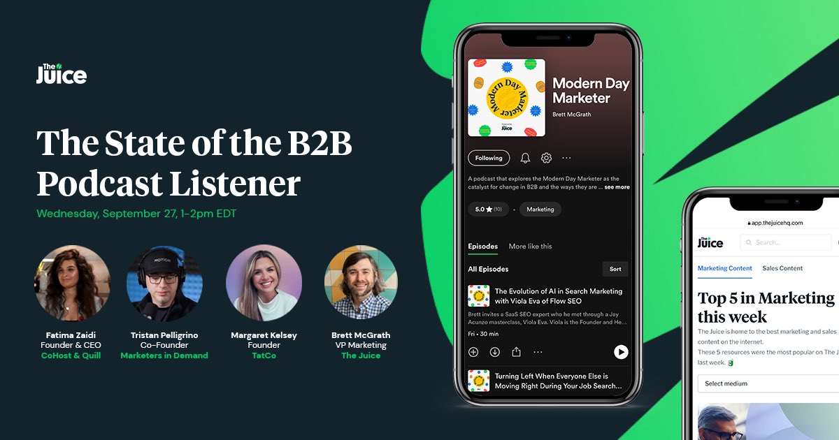 <a href="/TheJuiceHQ/">The Juice🧃</a> Join 3 of my favorite minds on B2B podcasting on 9/27 at 1 pm et. 

<a href="/zaidiafatima/">Fatima Zaidi</a> (<a href="/inc_quill/">Quill Inc</a> &amp; <a href="/CoHost_/">CoHost Podcasting</a>)

<a href="/tpelligrino/">Tristan Pelligrino 🎙</a> (<a href="/motionagencyio/">Motion</a>)

<a href="/margaretannk/">Margaret Kelsey</a> (TatCo, Don’t Say Content)

🧃Register: info.thejuicehq.com/podcastlistener