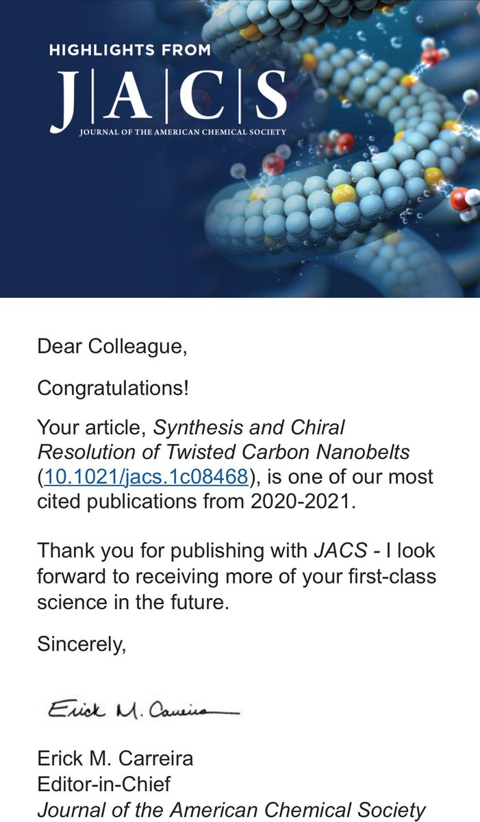 FanWei_NUS's tweet photo. Very happy to see our paper on "Synthesis and Chiral Resolution of Twisted Carbon Nanobelts" (https://t.co/D77LhnRtmQ) is one of most cited publications from 2020-2021 @J_A_C_S. https://t.co/8DbBLOZabZ