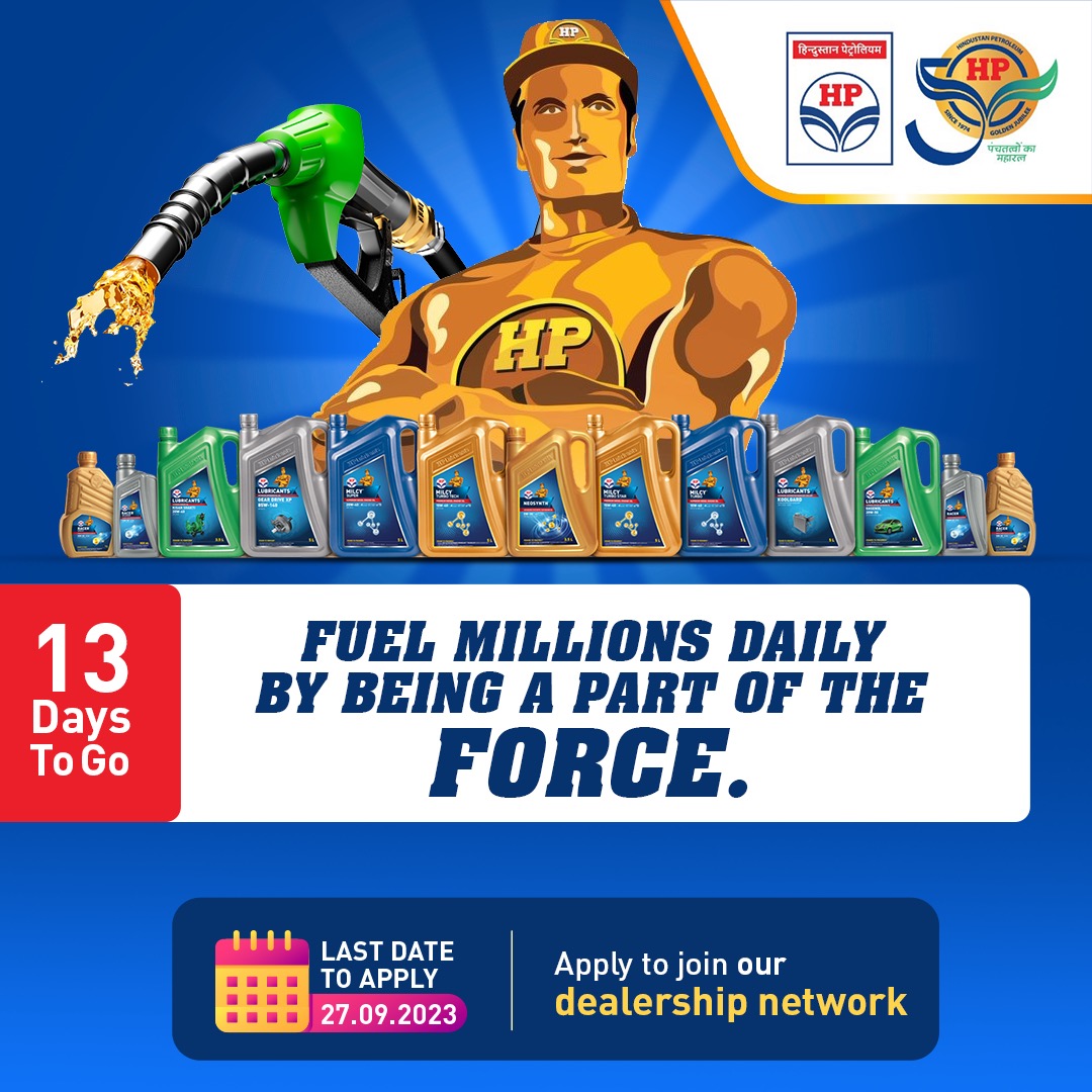 HPCL's tweet photo. Feel the thrill of fueling a million journies on a daily basis. Apply to join our dealership network at https://t.co/xn2HqbiZj8 before 27.09.2023, and be a part of something truly special. #JoinTheDrive #DealershipOpportunity #FuelYourSuccess #HPCL https://t.co/hRfD3MB9we