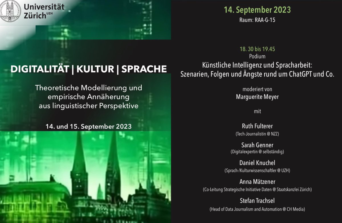 Künstliche Intelligenz und Spracharbeit

Für Kurzentschlossene in Zürich: heute an der <a href="/UZH_ch/">Universität Zürich</a>, Rämistrasse 59, unser Panel mit <a href="/ruth_fulterer/">Ruth Fulterer</a>, <a href="/knuchi87/">Daniel Knuchel</a>, <a href="/annamaetzener/">Anna Mätzener</a>, <a href="/stefantra/">Stefan Trachsel</a> und mir.

Ich freue mich, LLMs endlich einmal aus linguistischer Sicht zu diskutieren! 🤓