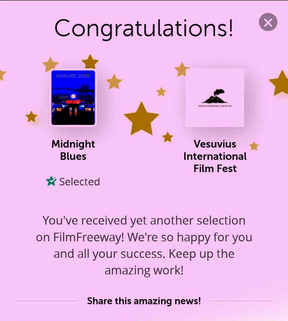IannisAliferis1's tweet photo. Honored my #romance & #drama #screenplay MIDNIGHT BLUES is #officialselection at Vesuvius International Film Fest! #script available 4 #filmproducers #filmmakers #filmcompanies & #developmentexecutives .. #bestunproducedscript #filmfestival #festivalrun .. #screenwriter #writer https://t.co/maXhxNlkqj