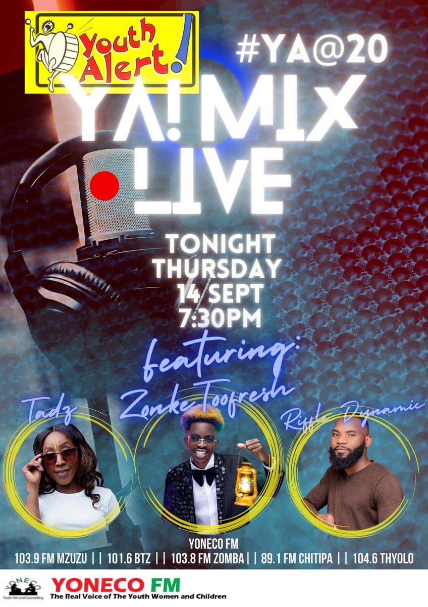 alert_mix's tweet photo. after kuyatsa moto dzulo pa mzati radio, lero tikuyatsano moto pa YONECO FM madzulo ano kuyambira 7:30 pm. Tili Mkati Mwenimweni #YAMix20 https://t.co/QZHNr5Cvzo