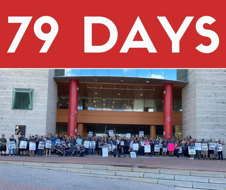 For the 2nd time @hydroottawa deferred its 2022 annual presentation to @ottawacity council. Is it because they didn't want to face their workers who showed up in impressive numbers yesterday? Day 79, but as this picture shows - they are not broken. They are united and strong.