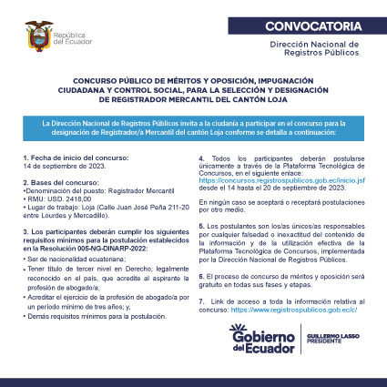 DinarpEc's tweet photo. Abrimos la convocatoria al #ConcursoDeMéritos y Oposición para la selección del registrador mercantil del cantón #Loja.

A partir del 14 de septiembre, los profesionales interesados en participar podrán postular a través de la plataforma tecnológica ➡️https://t.co/WS5VXBsCmC https://t.co/ilI6wkcn2w