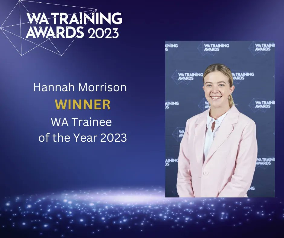 WATrainingAwrds's tweet photo. The WA Trainee of the Year 2023 is Hannah Morrison! 🏆 

Congratulations on your outstanding achievement! 

#WATA2023 #TraineeOfTheYear #PutYourselfInTheSpotlight https://t.co/qfg25hvWQx