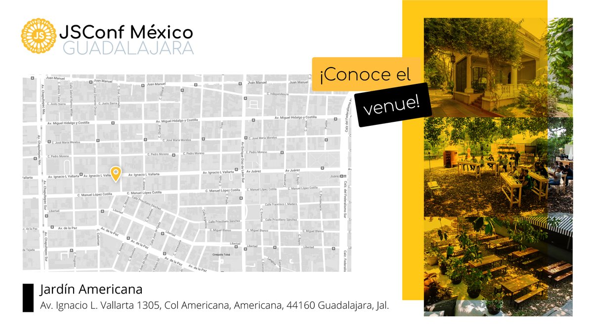 ¿Vas a asistir a #JSConfMX? ✨ No te pierdas en el camino y prepárate para llegar a tiempo. Recuerda que el registro inicia a las 9am. ¡Aquí tienes un mapa! (La entrada es por Avenida Vallarta 👀) 🗺️

Recuerda que nos puedes seguir por streaming jsconf.mx/streaming 🥳📺