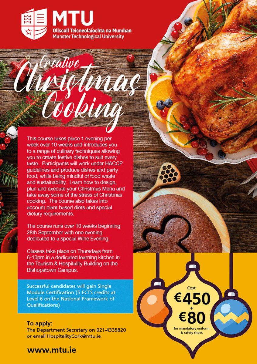 Tourism & Hospitality Department, MTU Cork Campus (@tourismhospdept) on Twitter photo Yes- its time to get thinking about Christmas Dinner! The Creative Christmas Cooking course <a href="/MTU_ie/">Munster Technological University</a> was a popular sell-out last year so get applying if you want to serve the perfect turkey! <a href="/noelgmurray/">Noel Murray</a> Yes- its time to get thinking about Christmas Dinner! The Creative Christmas Cooking course <a href="/MTU_ie/">Munster Technological University</a> was a popular sell-out last year so get applying if you want to serve the perfect turkey! <a href="/noelgmurray/">Noel Murray</a>