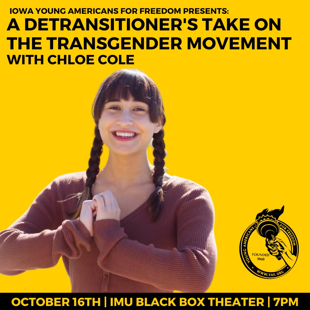 Exciting news! 🎉  We proudly present the first-ever <a href="/yaf/">YAF</a> Chapter lecture event featuring <a href="/chloecole/"></a> . Chloe is an eloquent and passionate 19-year-old advocate who will be speaking about her detransition journey and how she has set herself apart from the transgender movement.