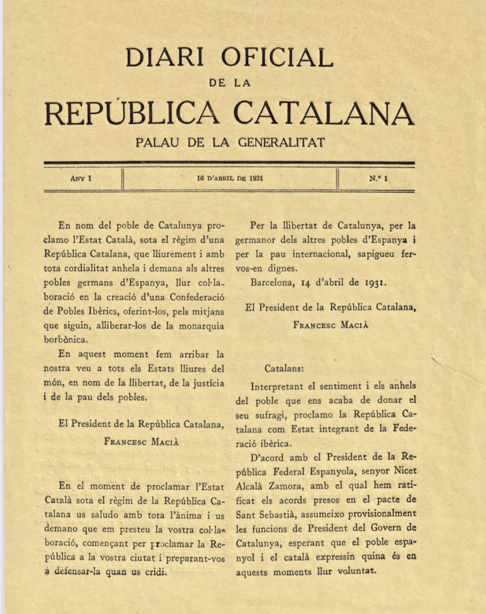 FerranPique's tweet photo. El Diari Oficial de la Generalitat de Catalunya (DOGC) arriba avui al núm. 9.000.

Un butlletí oficial que va nèixer sota el nom de Diari Oficial de la República Catalana i s’estrenà el 16 d'abril de 1931 amb la publicació de la proclamació de l'Estat Català del president Macià. https://t.co/4c0Iz5tSYo
