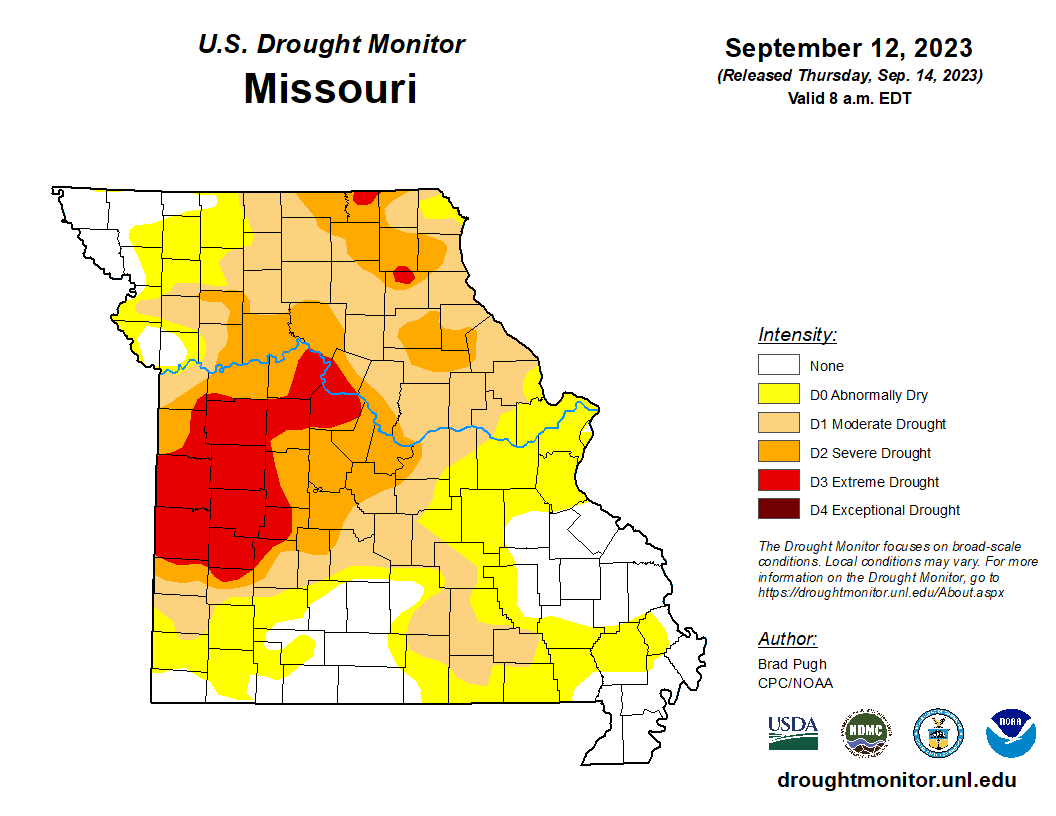 MoFireMarshal's tweet photo. The Drought Monitor released this a.m. shows conditions worsened slightly compared to last week. Continue to monitor local conditions, stay tuned for burn advisories &amp; avoid activities that could spark a fire. Submit drought conditions in your area: https://t.co/VRkGoNXyLq https://t.co/4reJ7xvORB