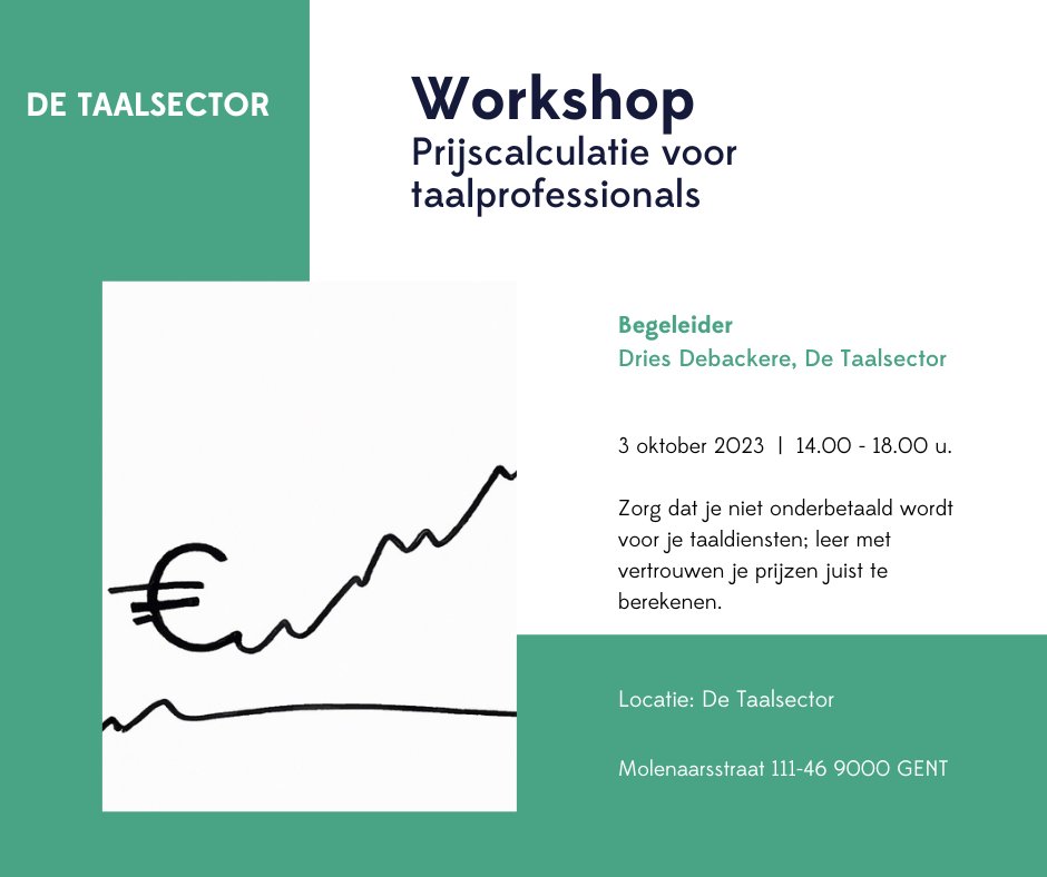 Het gevoel dat je onderbetaald wordt voor je #taaldiensten?

Als #taalprofessional goed kunnen onderhandelen over je #prijs is belangrijk, maar de basis is en blijft de juiste berekening van je prijs. 

Daar gaat deze workshop over. ➡️taalsector.be/cms/4743