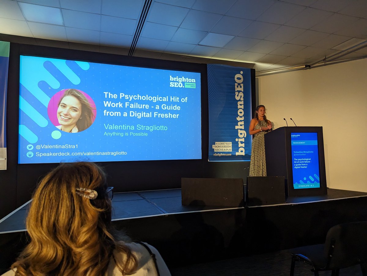 C_J_Ridley's tweet photo. @ValentinaStra1 is sharing personal stories of failures and adversity as she enlightens is about The psychological hit of work failure

If you're like me and suffer from Imposter Syndrome then this is for you

#BrightonSEO https://t.co/Hc9C94y7uu