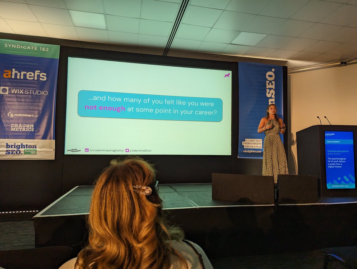 C_J_Ridley's tweet photo. @ValentinaStra1 is sharing personal stories of failures and adversity as she enlightens is about The psychological hit of work failure

If you're like me and suffer from Imposter Syndrome then this is for you

#BrightonSEO https://t.co/Hc9C94y7uu
