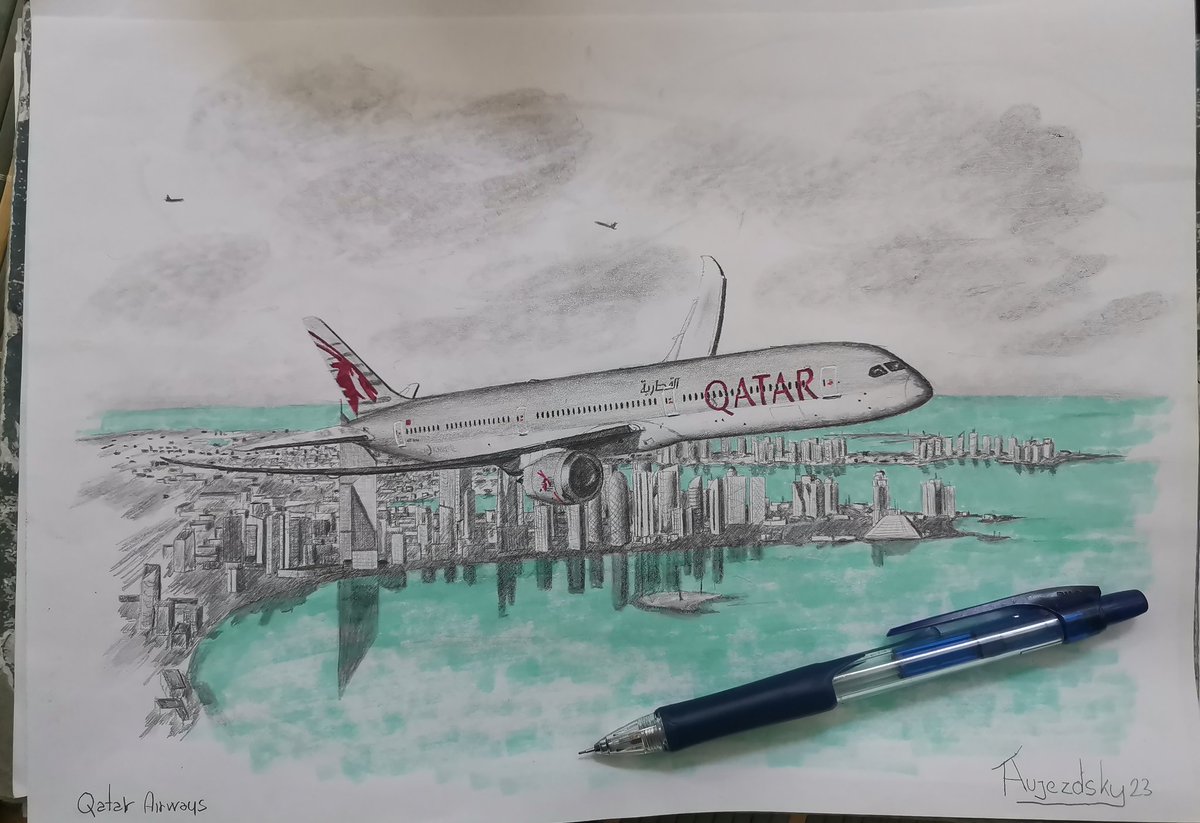 AujezdskyT31991's tweet photo. Další má práce opět Qatar Airways a Boeing 787. ✈️🇶🇦V pozadí hlavní město Doha.
Qatar Airways and Boeing 787 are next in line. ✈️🇶🇦 In the background, the capital Doha.
#drawing #kresba #PHOTOS #DOHA #Qatar #qatarairways #boeing #boeing787 @qatarairways @BoeingAirplanes https://t.co/GXKLes2lxn