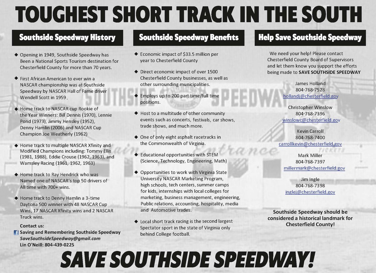 saveSSspeedway's tweet photo. Here is a little history on The Toughest Short Track in the south. Drivers such as Lennie Pond ,Darrell Waltrip,Tommy Ellis,Ray Hendrick, Denny Hamlin and countless others have taken a few laps around her.
It would be a tragedy to see this piece of Virginia and stock car racing history never run again. 
#savesouthsidespeedway
https://t.co/6oxWX9694m