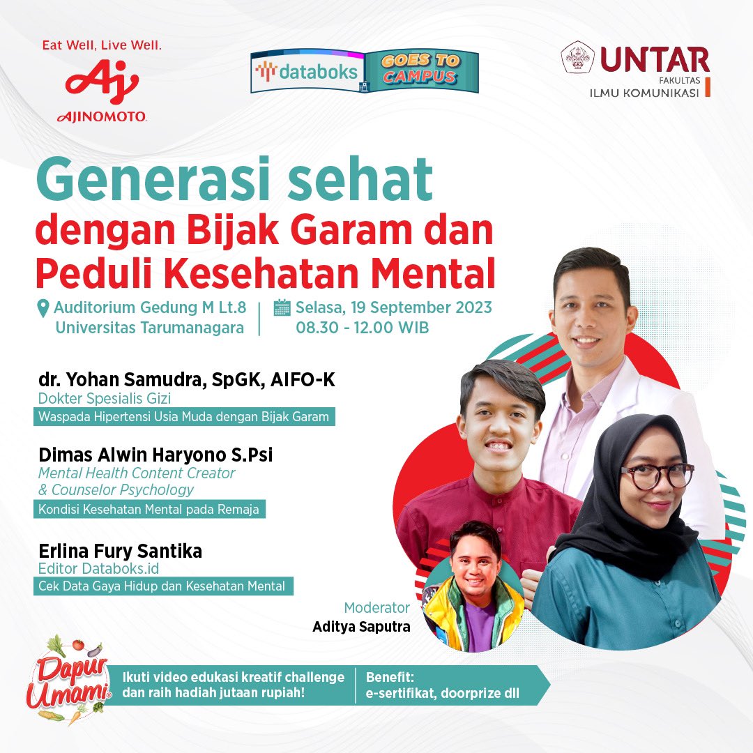 KATADATAcoid's tweet photo. Di kalangan mahasiswa, potensi stres dapat muncul karena tenakan akademik, jauh dari keluarga, kecemasan dan masalah kesehatan mental lainnya yang dapat memengaruhi pola makan. Korelasi antara hipertensi dan depresi juga berhubungan dengan perilaku makan. Orang yang depresi seringkali cenderung meningkatkan konsumsi makanan tinggi garam dan kalori yang berkontribusi bagi peningkatan hipertensi.
 
Menjaga asupan garam dalam makanan menjadi salah satu cara untuk mencegah hipertensi. Gurih bumbu umami bisa menjadi salah satu solusi pengurangan garam yang enak. Dengan mengurangi takaran garam dan menggantikannya dengan MSG (monosodium glutamat), kita bisa mendapatkan rasa makanan yang sama nikmatnya dan mengurangi 30 persen kandungan sodium dalam masakan.

Databoks Goes to Campus hadir Kembali untuk berbagi tentang “Generasi sehat dengan Bijak Garam dan Peduli Kesehatan Mental” kepada para mahasiswa FIKOM Univesitas Tarumanagara
 
Databoks Goes to Campus bekerjasama dengan Ajinomoto dan Fikom Universitas Tarumanagara yang akan dilaksanakan pada:

Hari & Tanggal  : Selasa, 19 September 2023
Waktu               : 08.30-12.00
Tempat             : Auditorium Gedung M Lt.8 Universitas Tarumanegara
 
Jangan lewatkan ya!
 
#BerbagiDatauntukSemua #DataboksGoestoCampus #KalauBicaraPakaiData #KatadataEvent #Databoks #fikomuntar #untar #ajinomoto