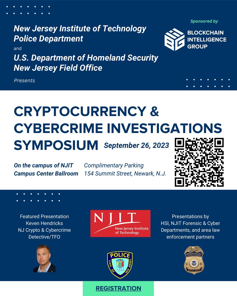 🕵🏻‍♂️👮🏾Cryptocurrency &amp; Cybercrime Training  at <a href="/NJIT/">NJIT</a> hosted by #NJITPD and <a href="/DHSgov/">Homeland Security</a> and sponsored by <a href="/blocksearch/">Blockchain Intelligence Group</a>. 🆓. Come and network with the crypro and cyber community. Open to #LawEnforcement #police and support personnel. Register Today. blockchaingroup.io/cryptocurrency…