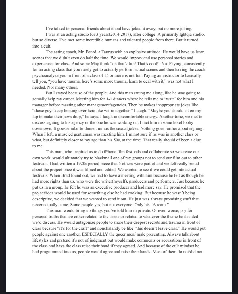 _JamelTyre's tweet photo. This is about a former acting coach, that manipulated many of his students. A predator. An abuser. Egotistical. He’s made people quit acting because of his behavior. This is my story. #abuseofpower #actingclass #thestudioact https://t.co/DFkL6FyHrI