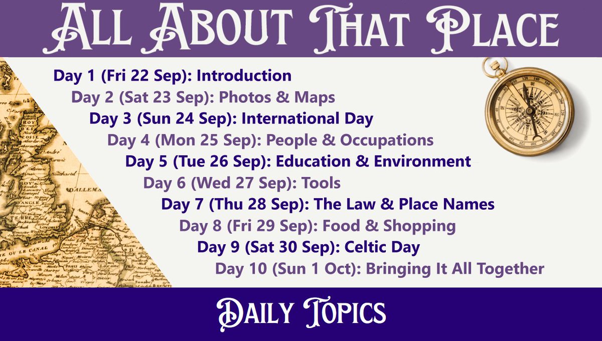 Here are the daily topics for the amazing #AllAboutThatPlace! Watch any or all of 130 short talks over 10 days via facebook.com/groups/allabou… or YouTube and find out how to combine #FamilyHistory and #LocalHistory in a study of #OnePlace. 💜 #OnePlaceStudies

subscribepage.com/allaboutthatpl…