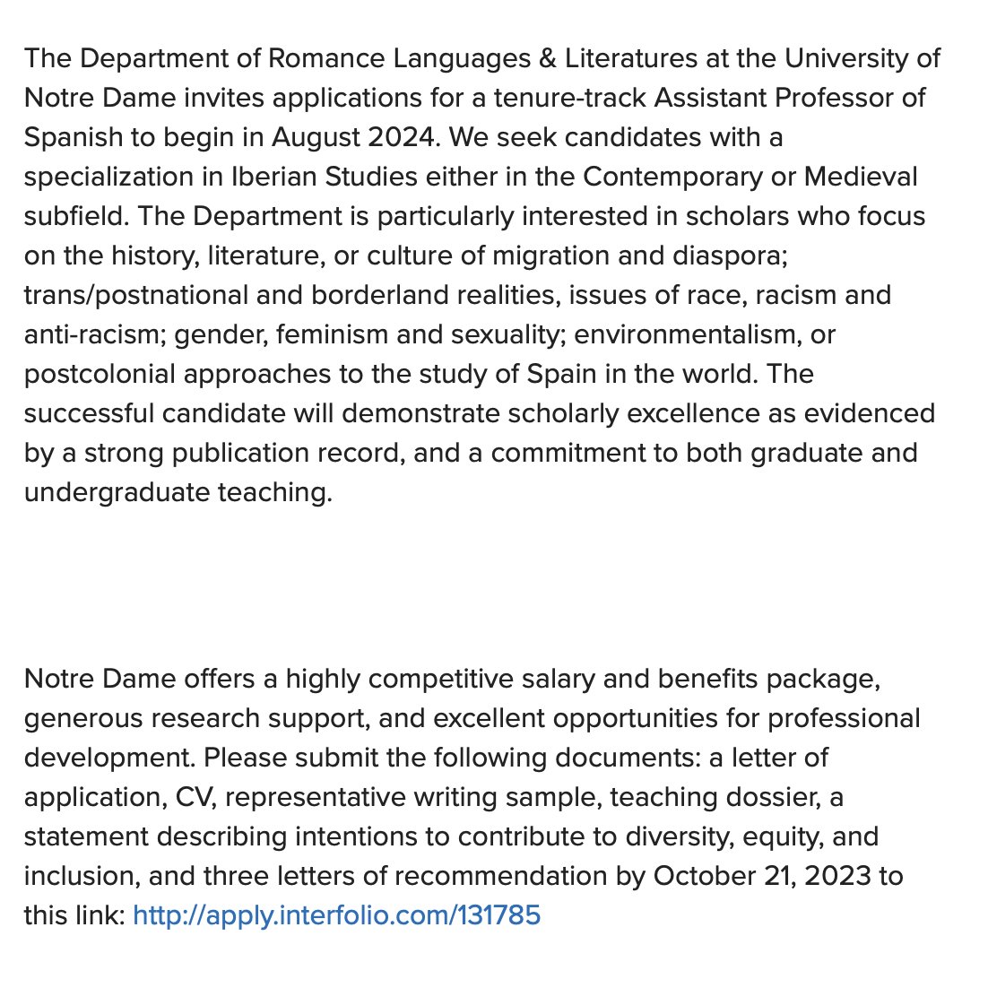 Assistant Professor in Peninsular Studies at Notre Dame. 
Link: joblist.mla.org/job-details/77…