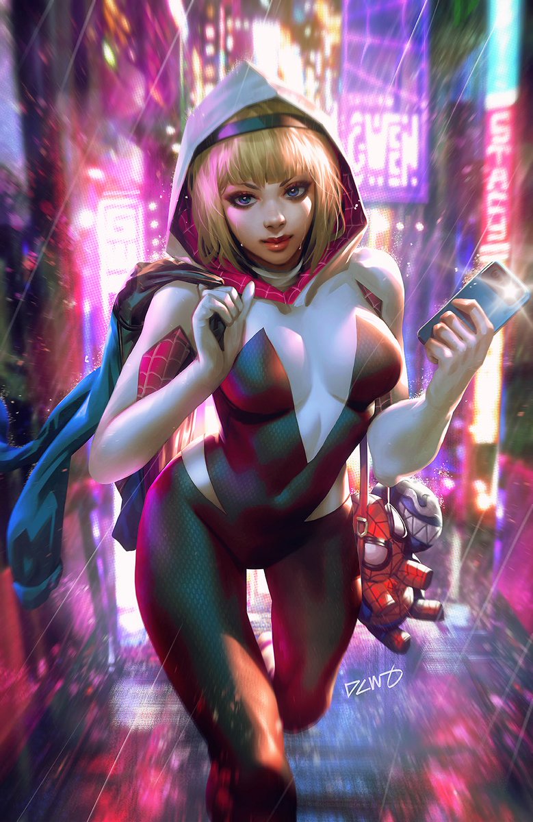 Here’s my retailer variant cover of Spider Gwen for Amazing Spider-Man issue 35 done for @ComicKingdom_Cr Always fun painting spidergwen, with venom and spidey plushes haha #spidergwen #spiderman #marvel