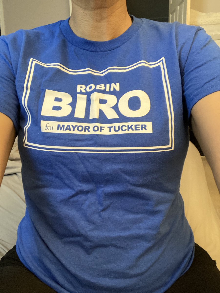 Today's shirt is @robinbiro's campaign shirt. He ran for mayor of the city of Tucker, Georgia Me and @NewportLaura took a road trip to knock doors for him He's the 1st openly gay army ranger! 🙌🏽🙌🏽🙌🏽 They only had adult L shirts left so I had to get a children's size shirt 😂