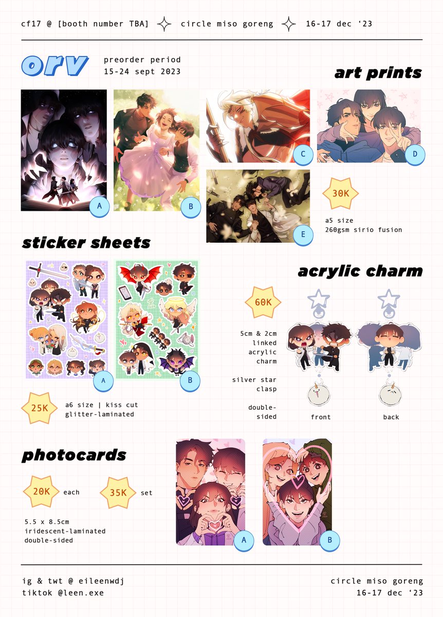 eileenwdj's tweet image. ((reposts and shares are appreciated‼️))

leen's #cf17 (dec 16-17) catalog
preorders are open!! ✨
🗓️ preorder period: 15-24 september
🛒 pick up (day 1 &amp;amp; 2) and mail order
🔗 bit.ly/leenscf17

#comifuro17 #tgcf #orv #jwqs #spyxfamily #trigunstampede #spidersona