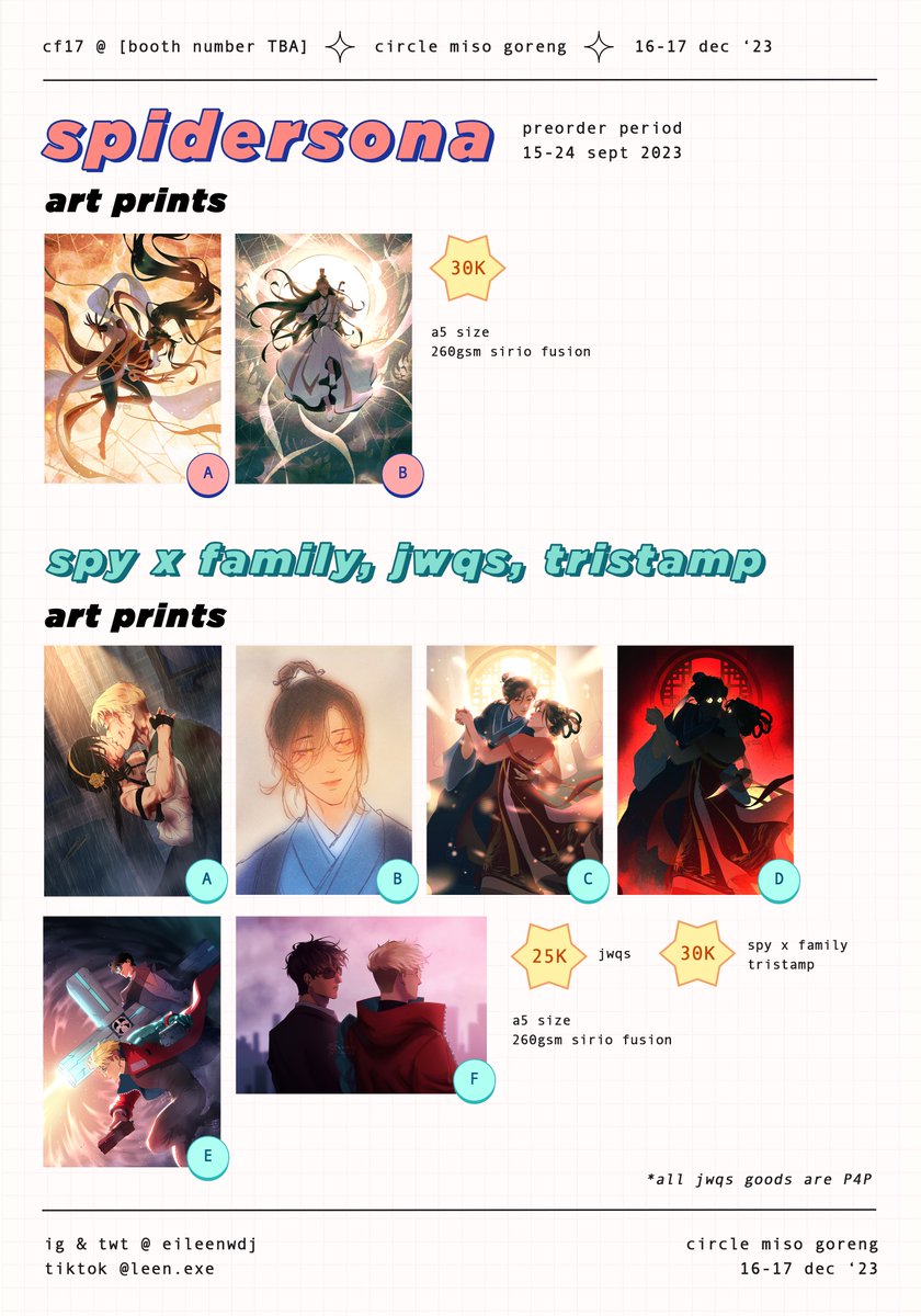 eileenwdj's tweet image. ((reposts and shares are appreciated‼️))

leen's #cf17 (dec 16-17) catalog
preorders are open!! ✨
🗓️ preorder period: 15-24 september
🛒 pick up (day 1 &amp;amp; 2) and mail order
🔗 bit.ly/leenscf17

#comifuro17 #tgcf #orv #jwqs #spyxfamily #trigunstampede #spidersona