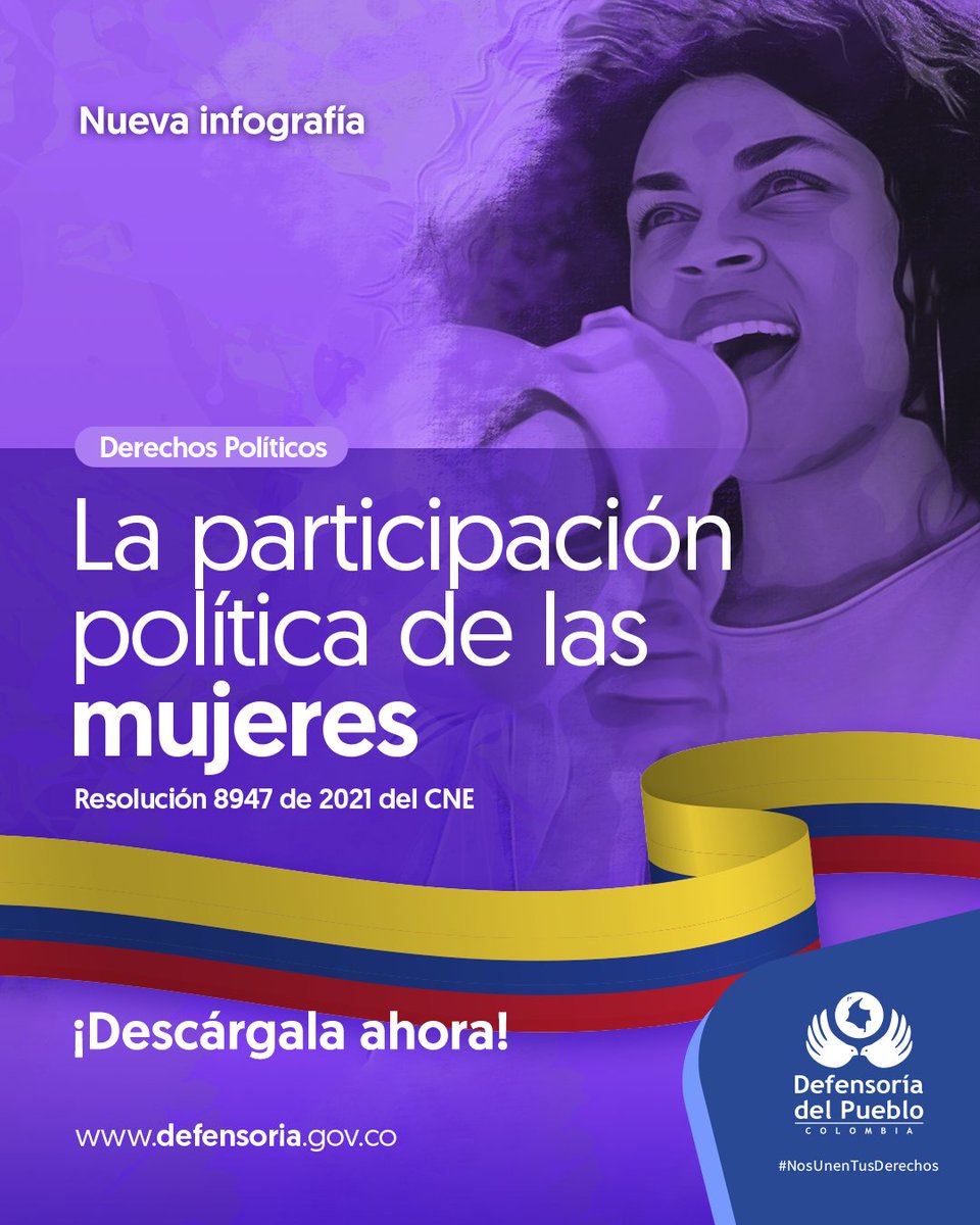 DefensoriaCol's tweet photo. ¿En qué consiste la igualdad de género en el ejercicio de los derechos políticos? 🗳️

Consulta la nueva infografía sobre derechos políticos de las mujeres a la luz de la resolución 8947 de 2021 del CNE y aprende más sobre las elecciones territoriales.

📲👉https://t.co/cr79W0CmYQ https://t.co/lr40s9RH2a