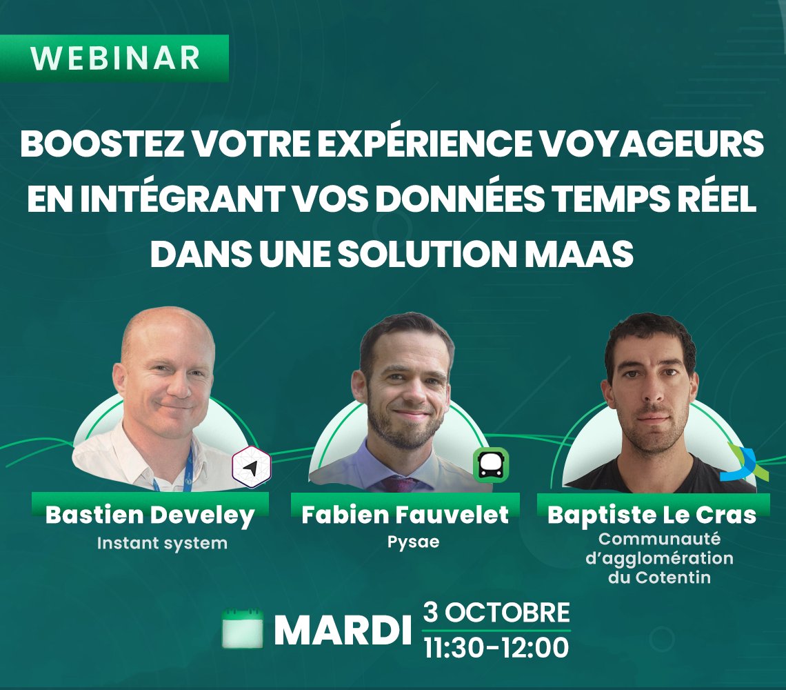 InstantSystem's tweet image. 📣📺L’#information_en_temps_réel, un premier pas vers le #MaaS 👉 Exemple en webinaire avec #Instant_System &amp;amp; #Pysae!
🎁Retour d’expérience de la #Communauté_d_agglomération_du_Cotentin
🗓️3/10/2023 11:30-12:00
👉Info et inscription lnkd.in/eEn-baTp
