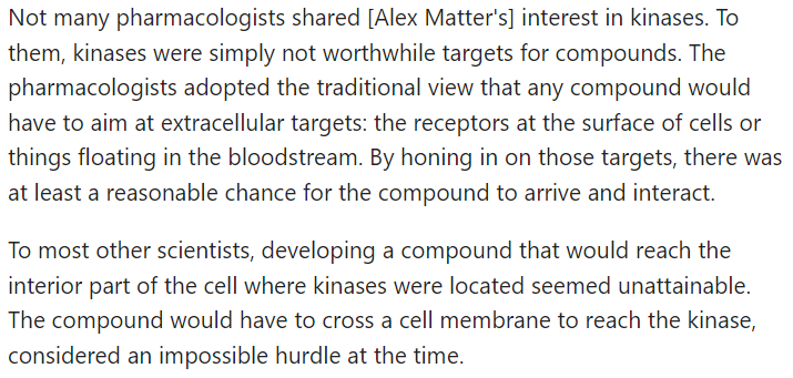 @ablT315I Reminds me of the criticism that Gleevec attracted initially. 'No way you can hit something inside the cell/outcompete ATP'

From 'Magic Cancer Bullet'