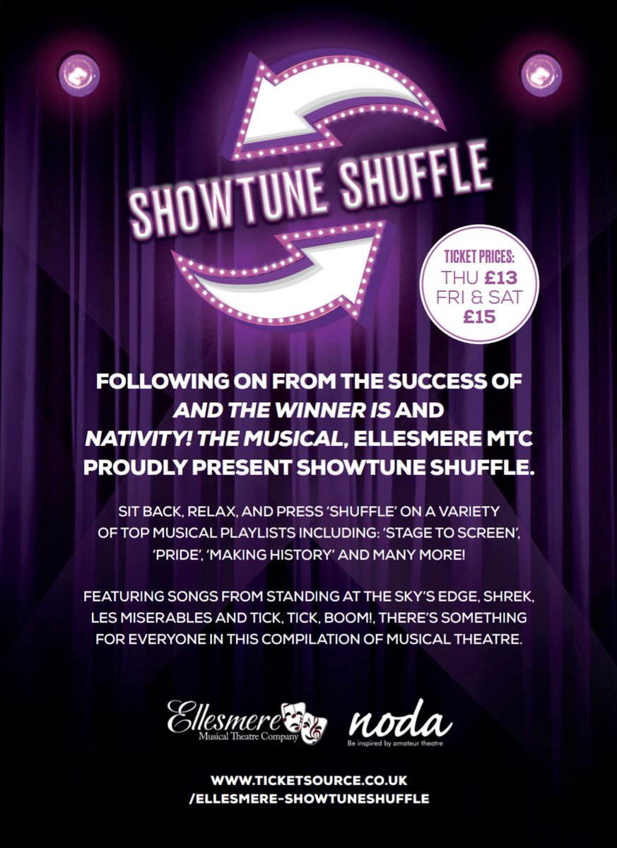 EllesmereMTC's tweet photo. We've been a little quiet on here, but we've been hard at work preparing for our next production:
Showtune Shuffle!

Come along for an evening of songs from a wide variety of musical theatre shows at Dronfield Civic Hall.

19th-21st October

Book here:
https://t.co/ZlyP4odimu https://t.co/eabIigqdmf