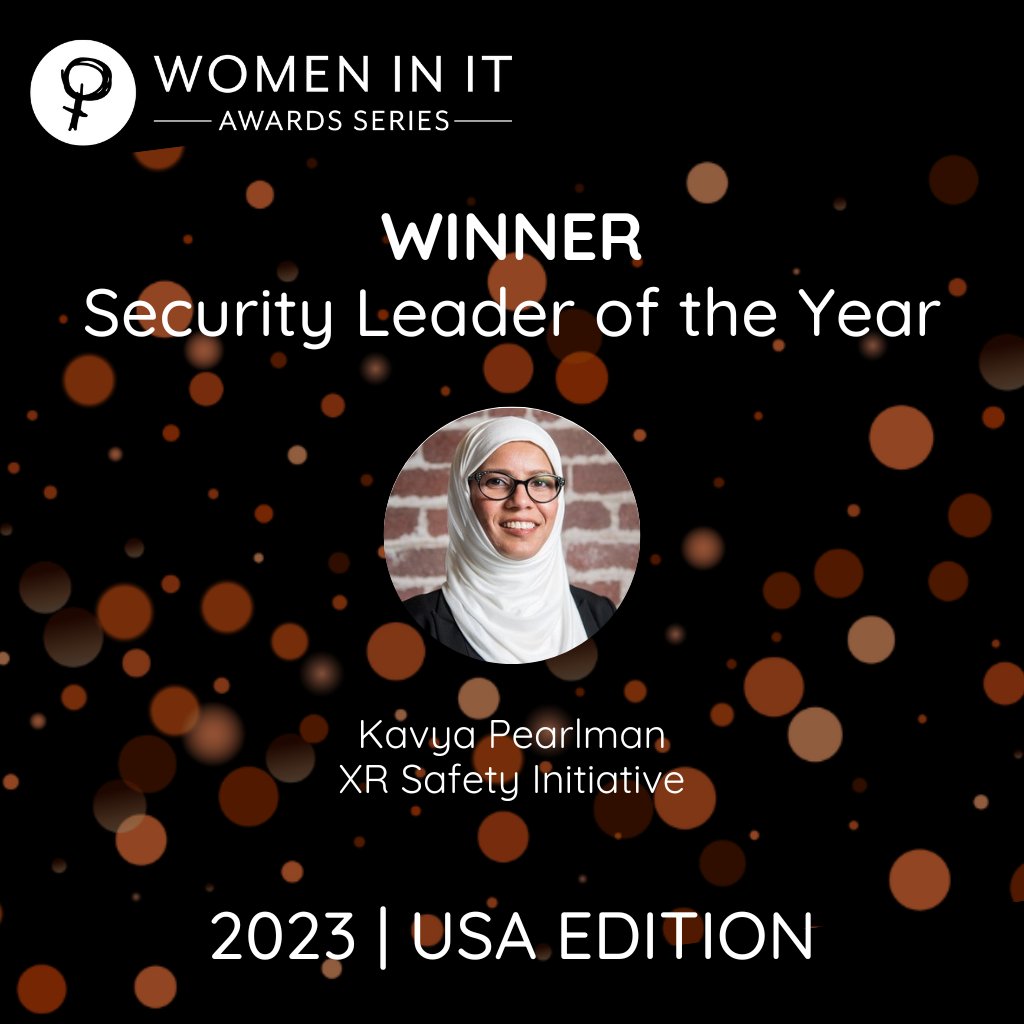 Kavya Pearlman at XR Safety Initiative is the winner of the Security Leader of the Year award! Her journey to Cyber Guardian mirrors her unwavering drive for a safer digital realm. Congratulations! 👏 #WITUSAAwards