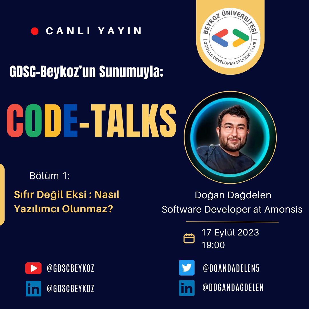 🚀 GDSC Beykoz Üniversitesi olarak 2023-2024 yılına hızlı bir giriş yapıyoruz! İlk etkinlik serimiz olacak olan CODE-TALKS etkinliğine hepinizi davet ediyoruz. Konuşmacımız <a href="/DoanDadelen5/">Doğan Dağdelen</a>  ile birlikte nasıl kaliteli ve aranan bir yazılımcı olabileceğimizi konuşacağız !🌟👩‍💻👨‍💻📅